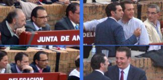 A la izquierda, el marido de la ex delegada de la Junta, Carmen Tovar, cuando lo colaba gratis al polémico burladero de la Junta. A la derecha, el actual delegado, Javier Fernández, en el mismo burladero junto a su fiel e inseparable 'asesor personal', entre otros varios miembros de su equipo. (FOTOS: Javier Martínez)